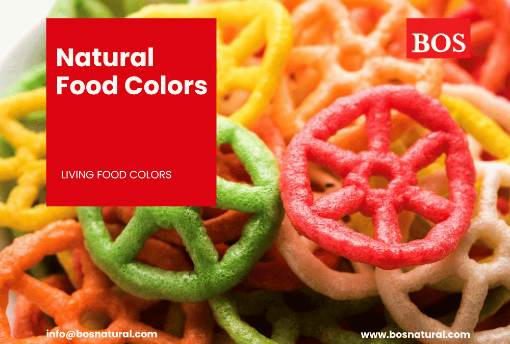 Array of natural food color powders and extracts in various bright colors, showcasing plant-based origins.
