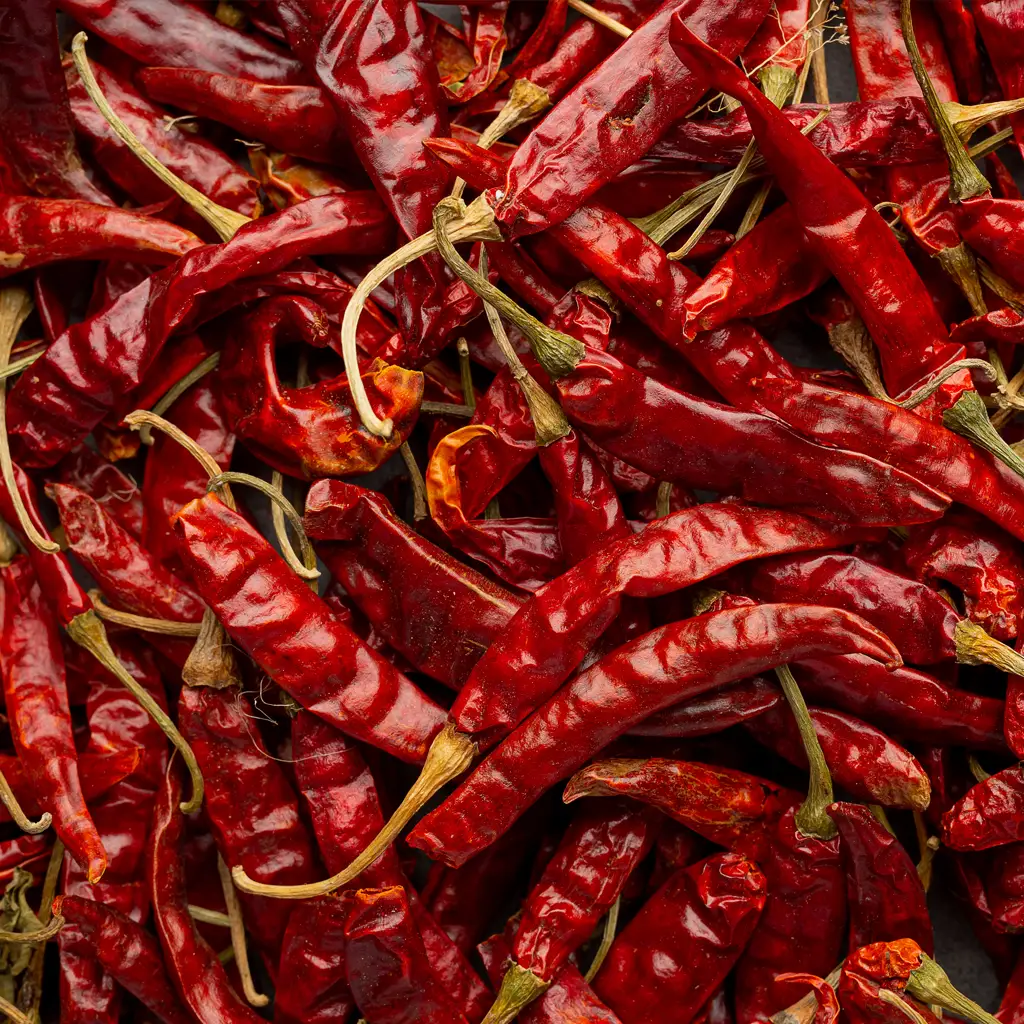 Whole dried red chillies and bright red ground chilli powder placed side by side, highlighting their vibrant color and natural intensity.